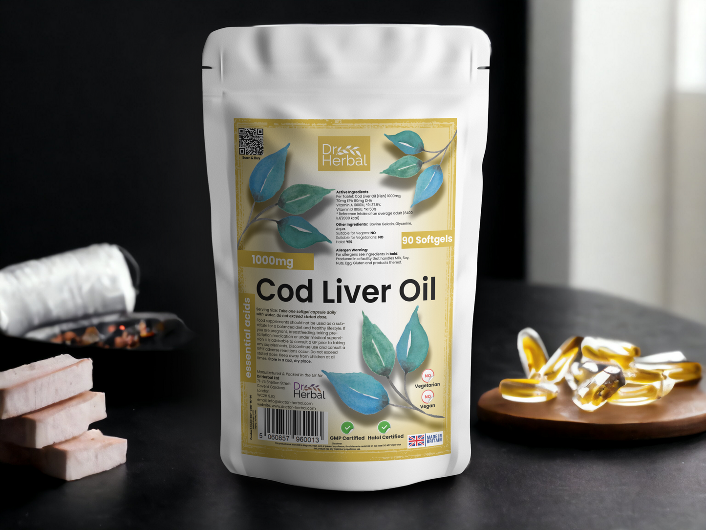 Cod Liver Oil Softgels 1000mg by Dr Herbal™ Essential Acids Halal Certified