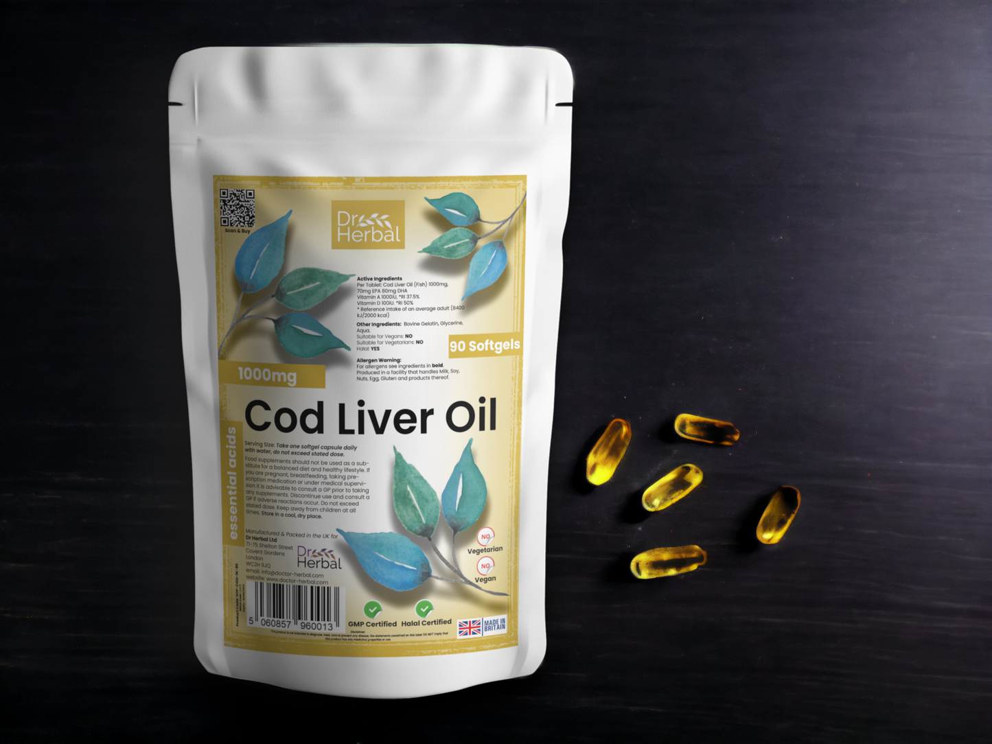 Cod Liver Oil Softgels 1000mg by Dr Herbal™ Essential Acids Halal Certified