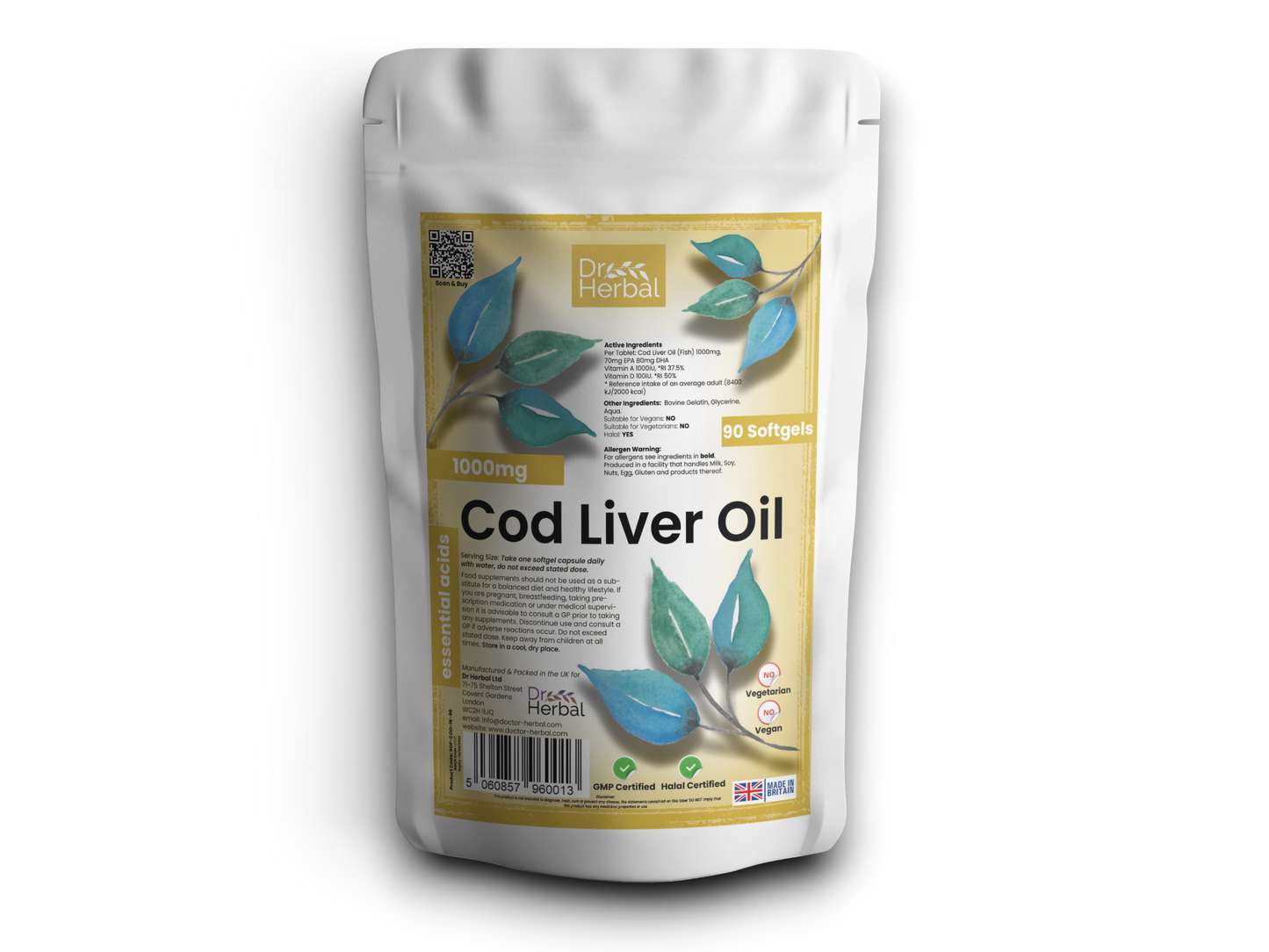 Cod Liver Oil Softgels 1000mg by Dr Herbal™ Essential Acids Halal Certified